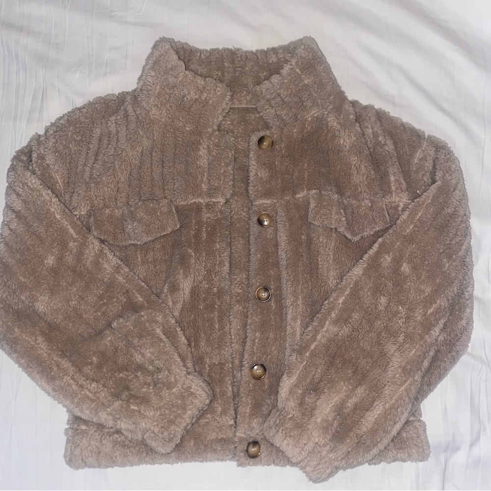 Fuzzy Beige Button Down Shacket - image 1